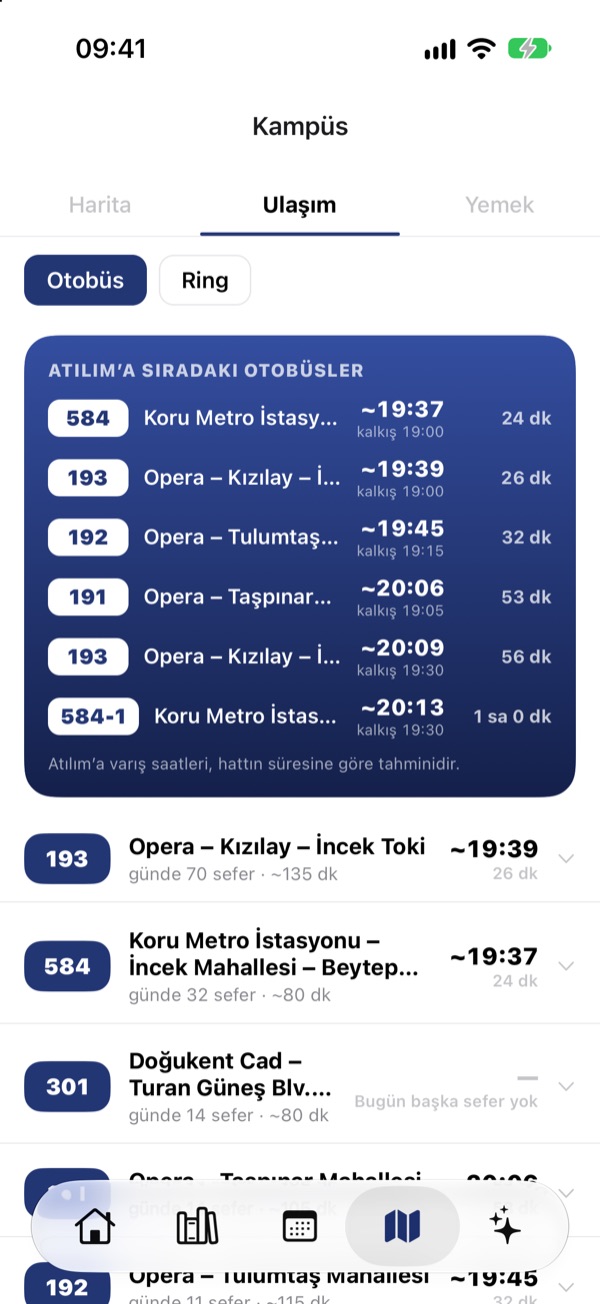 Kampüs ekranında Atılım'a sıradaki otobüsler